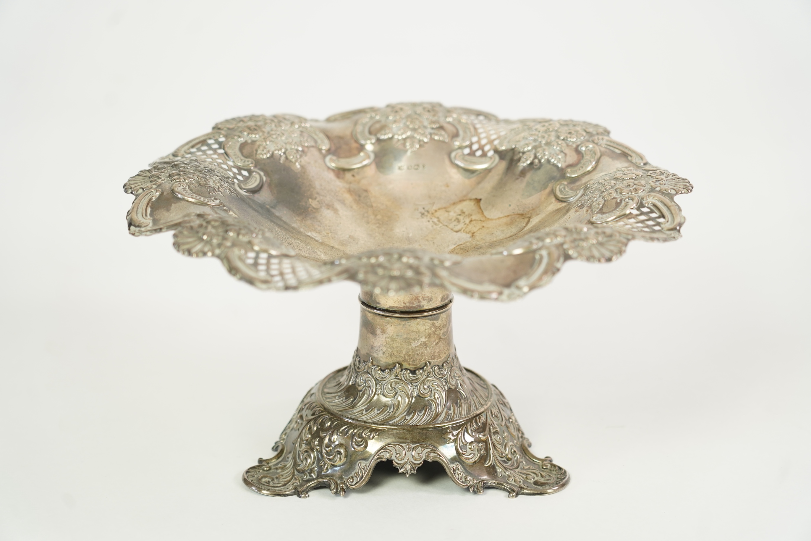 A late Victorian pierced repousse silver pedestal bowl, by Fenton Brothers Ltd